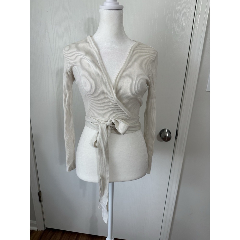 Lilyful White Ivory Cream Tie Front Sweater Balletcore Women's Small Long Sleeve